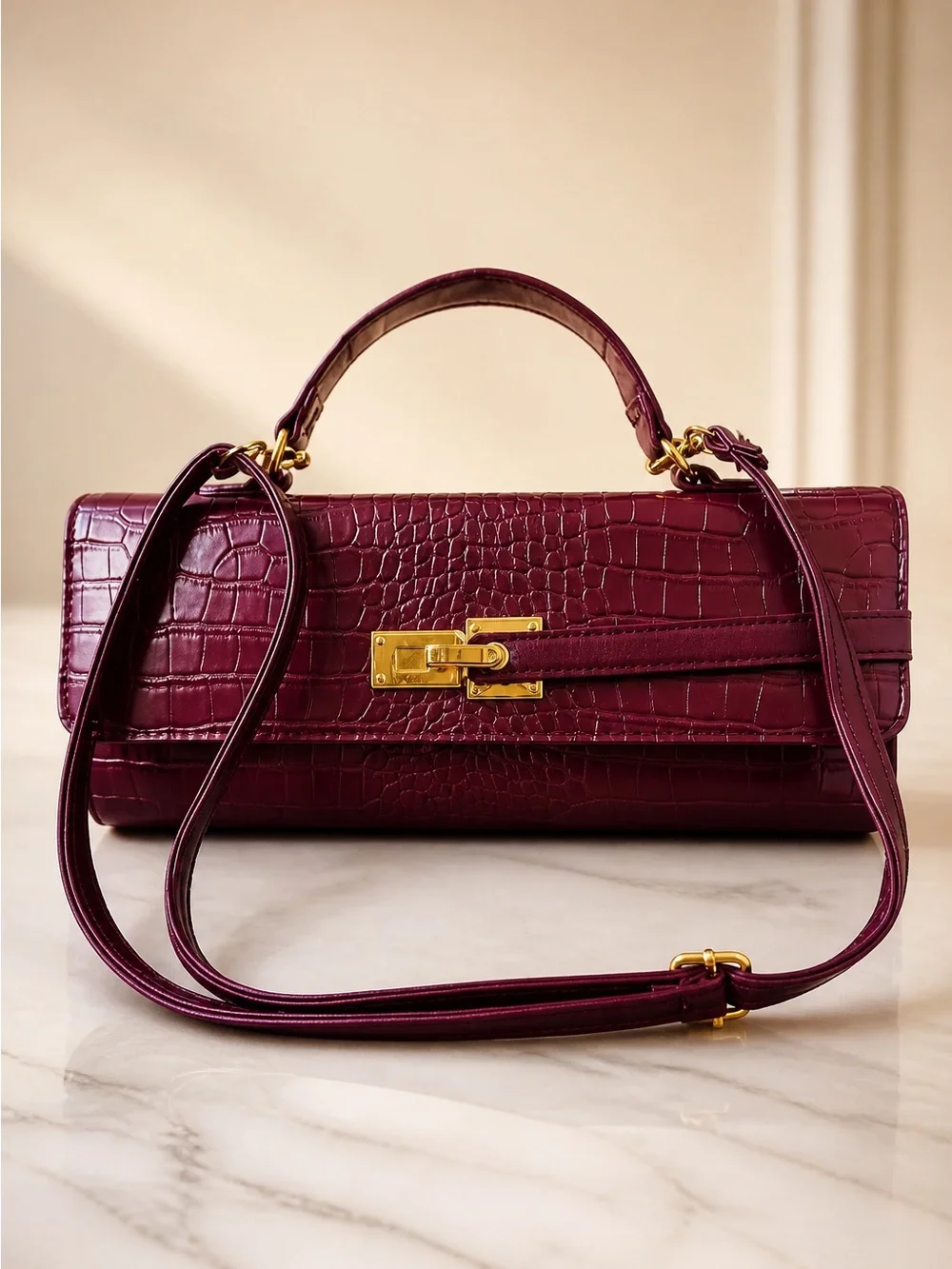 Structured Top-Handle Croc-Embossed Bag in Burgundy